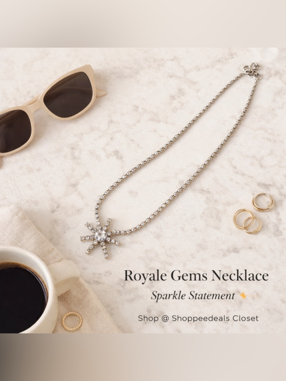 Royale Gems Rhinestone Tennis Necklace Starburst Pendant Silver Tone